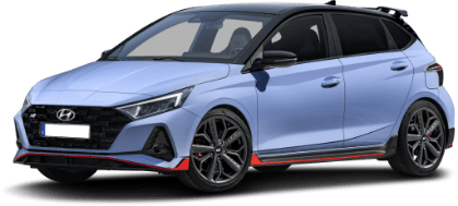 Hellblauer Hyundai i20 N, schräg von vorn links, freigestellt auf transparentem Hintergrund.