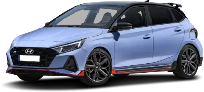 Hellblauer Hyundai i20 N, schräg von vorn links, freigestellt auf transparentem Hintergrund.