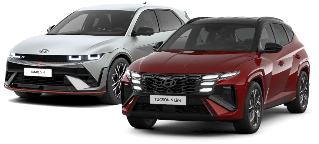 Zwei Hyundai-Modelle freigestellt: links ein silberner Ioniq 5 N, rechts ein roter Tucson N Line.