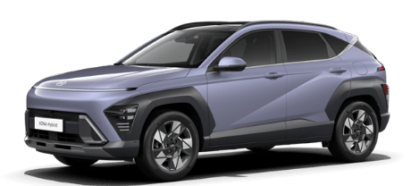 Grauer Hyundai Kona Kompakt-SUV, schräg von vorn links, freigestellt auf transparentem Hintergrund.