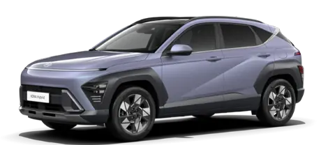 Grauer Hyundai Kona Kompakt-SUV, schräg von vorn links, freigestellt auf transparentem Hintergrund.