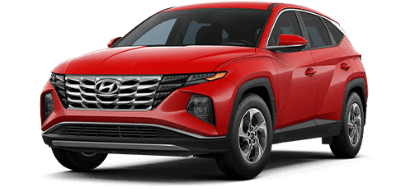 Roter Hyundai Tucson SUV, schräg von vorn links, freigestellt auf transparentem Hintergrund.