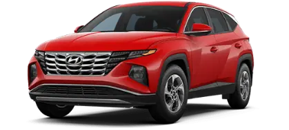 Roter Hyundai Tucson SUV, schräg von vorn links, freigestellt auf transparentem Hintergrund.