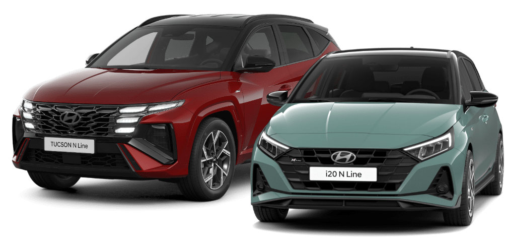 Hyundai Tucson N Line in Rot und Hyundai i20 N Line in Grünblau – sportliche Modelle nebeneinander