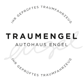 Rundes Gütesiegel mit der Aufschrift „TRAUMENGEL – Autohaus Engel – Ihr geprüftes Traumfahrzeug“