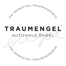 Rundes Gütesiegel mit der Aufschrift „TRAUMENGEL – Autohaus Engel – Ihr geprüftes Traumfahrzeug